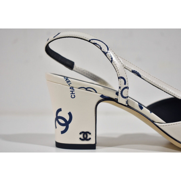 Chanel 23P Mademoiselle Coco Sling White Blue CC Logo Slingback Sandal Heel 37 - Picture 2 of 10